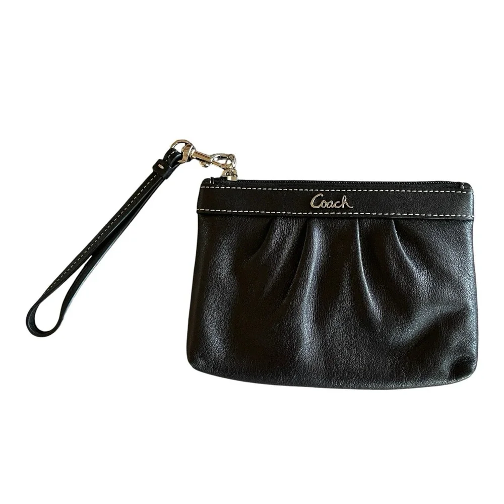 COACH Small Black Soft Pleated Leather Silver Logo Top Zip Clutch Wristlet
